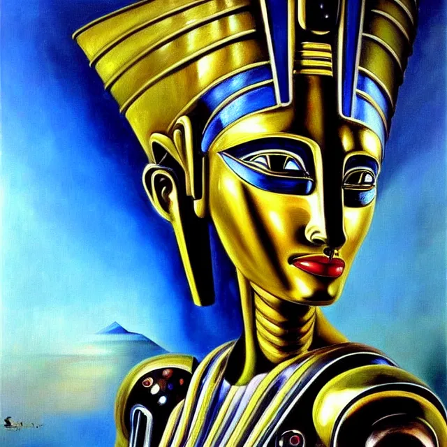 Image similar to a beautiful painting cyberpunk robot queen of egypt face, by salvador dali realistic oil painting