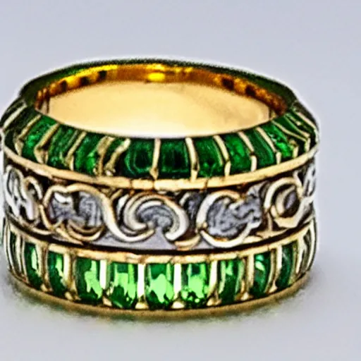 Image similar to Band of Spellbinding, a golden ring adorned with green uranium gems and silver lines.