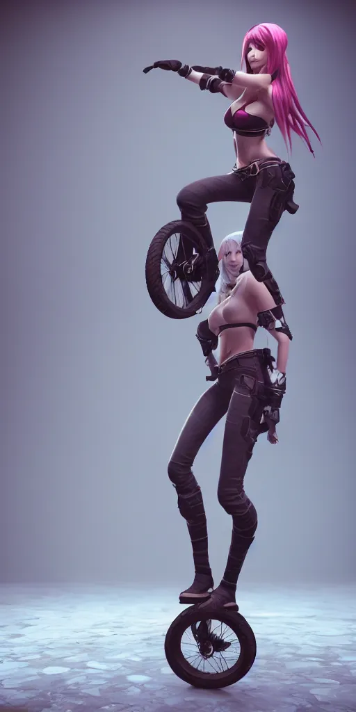 Image similar to Katarina from League of Legends on a unicycle, photorealistic full body, studio lighting, unreal engine 5, hyperrealistic, dynamic lighting, white ambient background, realistic, highly detailed