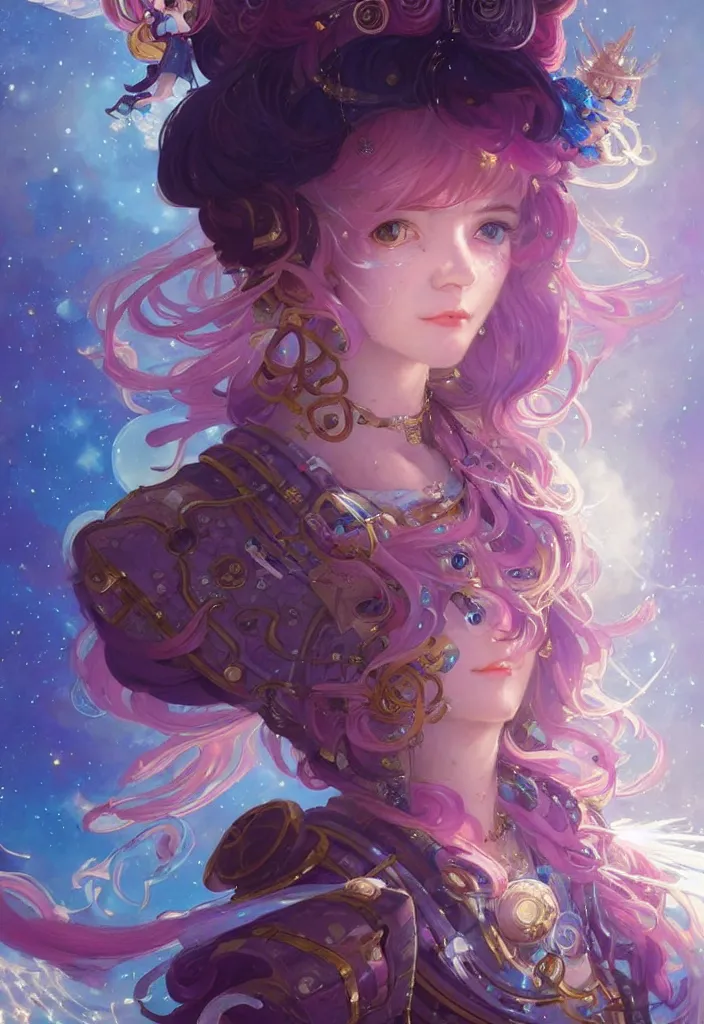 Image similar to close up picture of an maximalist dress magical girl, neat hair with bangs, smug face, extremely beautiful and aesthetic and detailed cute face and eyes, wipe out evils with cute astronaut familiar sprites, aming the magical beams to the camera, chiaroscuro, intricate, masterpiece, epic fantasy illustrations by peter mohrbacher and anato finnstark and jeremy lipking