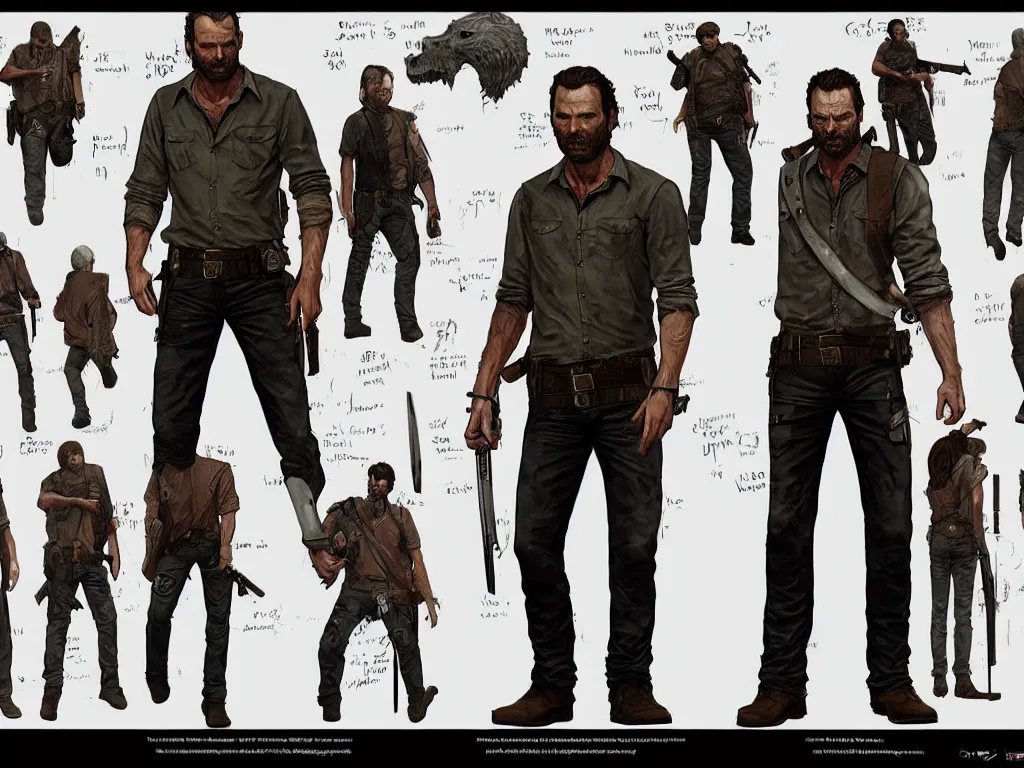 Image similar to character design sheet, rick grimes, the walking dead, fantasy, medieval, vivid colors, concept art, sharp focus, digital art, Hyper-realistic, 4K, Unreal Engine, Highly Detailed, HD, Dramatic Lighting by Brom, trending on Artstation