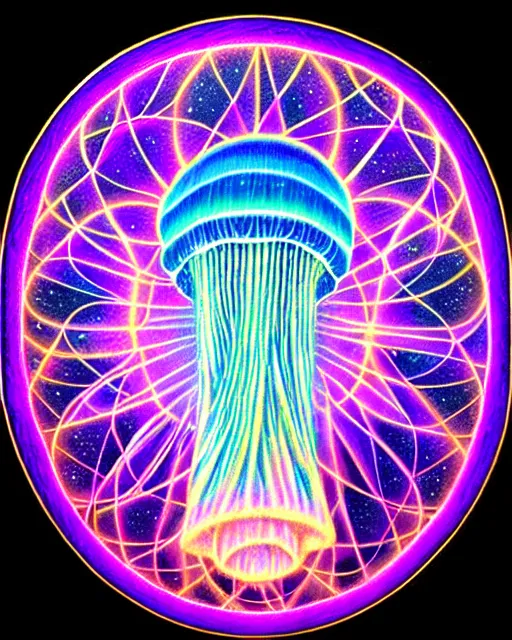 Image similar to detailed realistic geometric glow painting a jellyfish portal emitting light in the cosmos by alex grey symmetry underwater in the cosmos