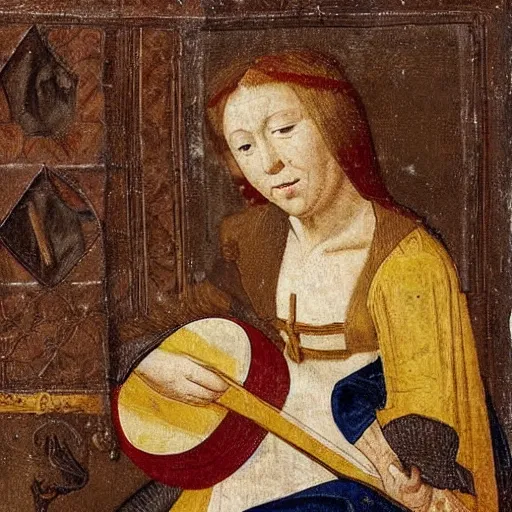 Image similar to medieval portrait of a cat playing lute, colorful