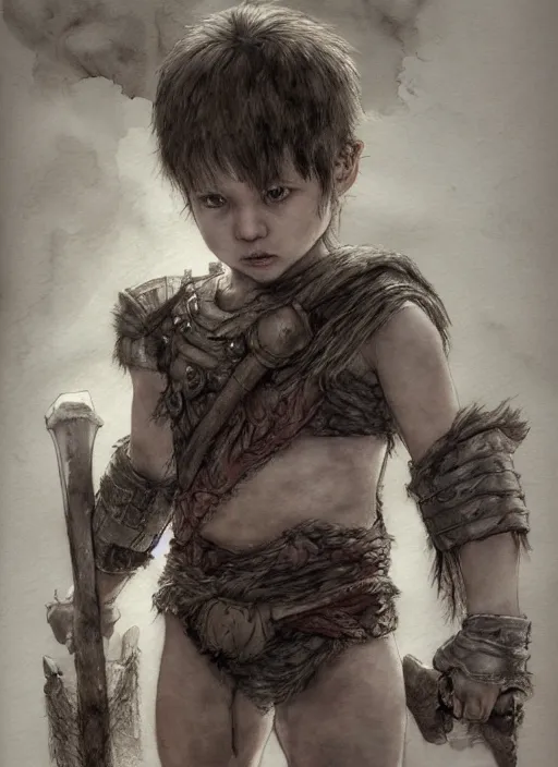 Image similar to portrait, A toddler barbarian, watercolor, dramatic lighting, cinematic, establishing shot, extremely high detail, foto realistic, cinematic lighting, pen and ink, intricate line drawings, by Yoshitaka Amano, Ruan Jia, Kentaro Miura, Artgerm, post processed, concept art, artstation, matte painting, style by eddie mendoza, raphael lacoste, alex ross