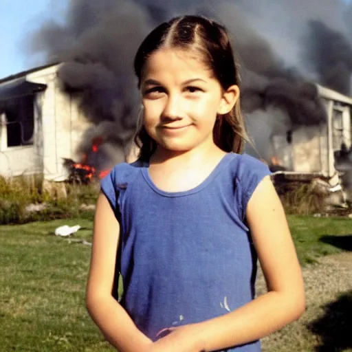 Prompt: side color photo of a very young girl in the foreground with short straight hair gives a sideways glance and a smirk smile at the camera. in the background, slightly out of focus, we see a burning house on fire. high resolution photograph