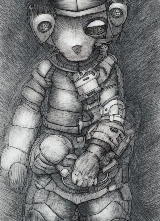 Image similar to beautiful little boy wearing an cyborg bear suit, artwork in kentaro miura and made in abyss and rosdraws, smooth, beautiful lightness, anatomically correct, trending on pixiv, forest