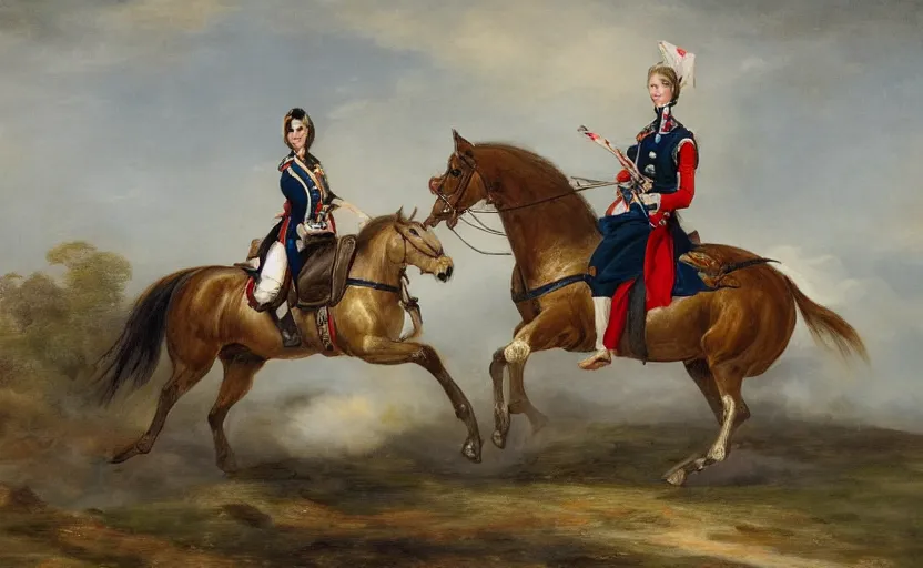 Image similar to woman in napoleonic dress standing on the back of a galloping horse on a battlefield