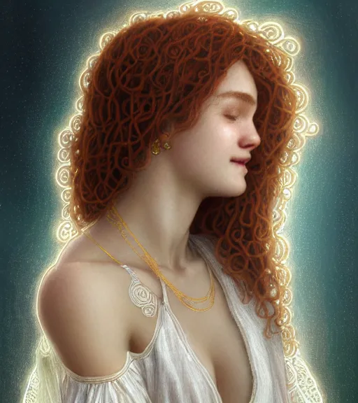 Image similar to portrait of teenage aphrodite, light freckles, curly copper colored hair, smiling kindly, wearing an embroidered white linen dress with lace neckline, intricate, elegant, mother of pearl jewelry, glowing lights, highly detailed, digital painting, artstation, concept art, smooth, sharp focus, illustration, art by wlop, mucha, artgerm, and greg rutkowski