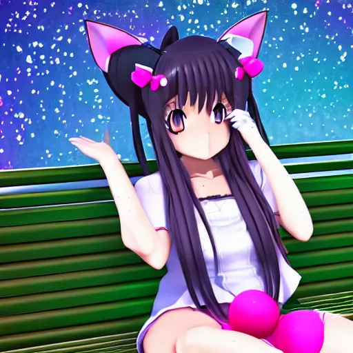 Image similar to 3 d photo of an anime girl with cat ears and long hair looking to her side, sitting on a bench with a park behind her, bokeh, shader, anime art style, highly detailed, cel - shaded, colorful, animated, trending