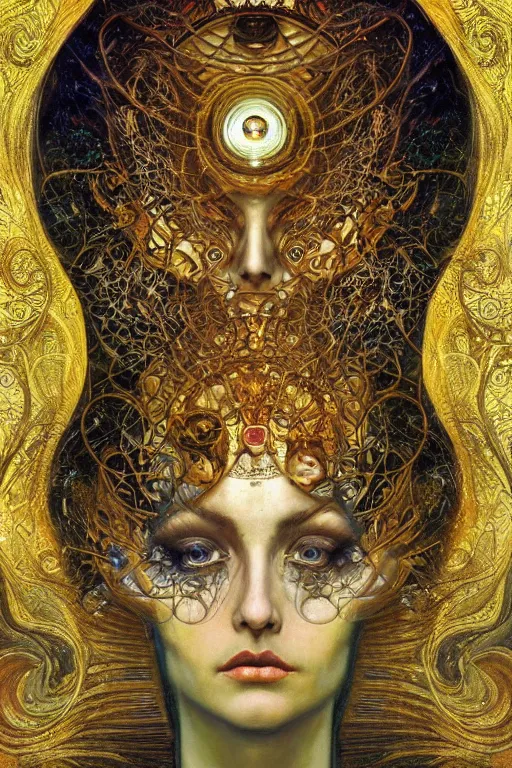 Image similar to Divine Chaos Engine portrait by Karol Bak, Jean Deville, Gustav Klimt, and Vincent Van Gogh, sacred geometry, visionary, mystic, fractal structures, ornate gilded medieval icon, spirals