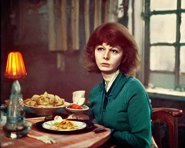 Image similar to 1 9 7 9 a soviet movie still a russian woman sitting at a table with a plate of food in dark warm light, a character portrait by nadya rusheva, perfect symmetric coherent face, featured on cg society, neo - fauvism, movie still, 8 k, fauvism, cinestill, bokeh, gelios lens