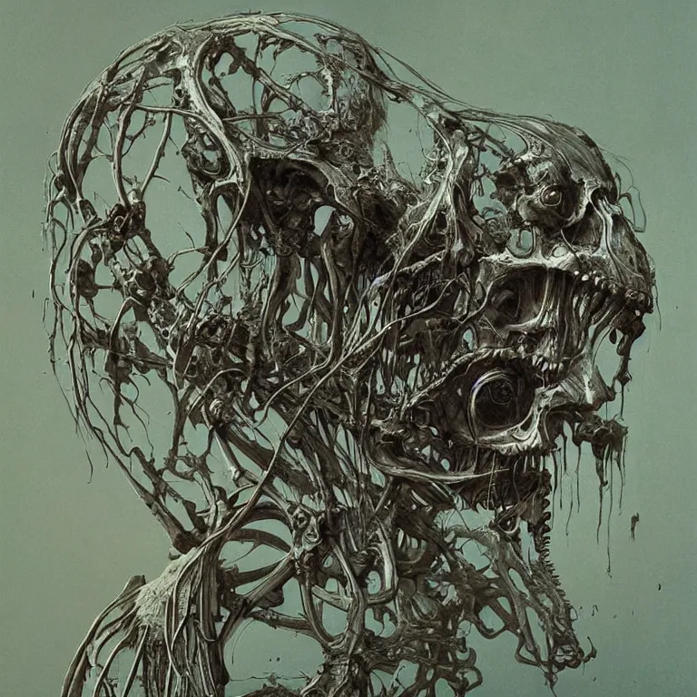 Prompt: organic cyborg alien skeleton alien centipede planet face style of zdzislaw beksinski surrealism poster art album cover contrast skull eyeballs KILL KILL KILL