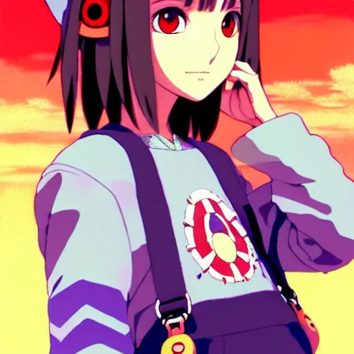 Image similar to beautiful boyish natalie portman gravure model in majora's mask, wearing big mayan bomber jacket with overalls and leotard, big bomber jacket with subtle mayan patterns, aztec bathing suit, gapmoe yandere grimdark, trending on pixiv fanbox, painted by greg rutkowski makoto shinkai takashi takeuchi studio ghibli, akihiko yoshida