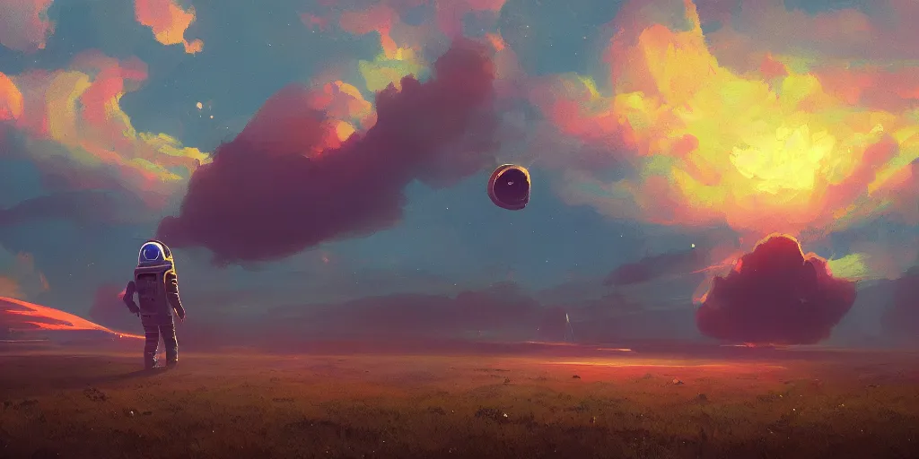 Image similar to spaceman, surreal photography, sunrise, dramatic light, impressionist painting, colorful clouds, digital painting, artstation, simon stalenhag