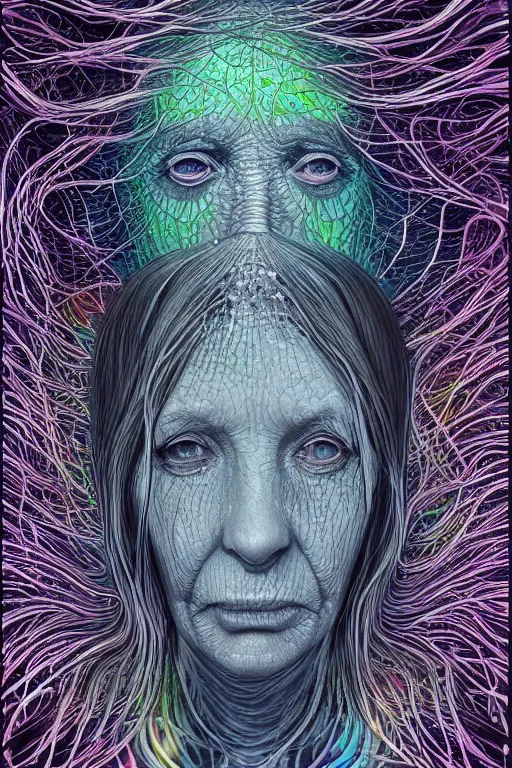 Image similar to dark underwater portrait of one bioluminescent old woman, with cracked reaction diffusion semi - transparent skin. multicolored fish scales, face closeup. long intricate dark hair. good face proportions. with many jellyfishes. very high detail, illustration, by alex grey and ilya kuvshinov