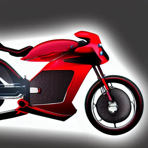 Image similar to drawing of next Gen prototype concept innovative award winning red motorcycle, Japanese engineering, blade runner style, 3d, photorealism