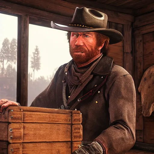 Image similar to chuck norris in red dead redemption 2, 4 k, high detail, high - resolution photograph, professional photography, ultra - detail