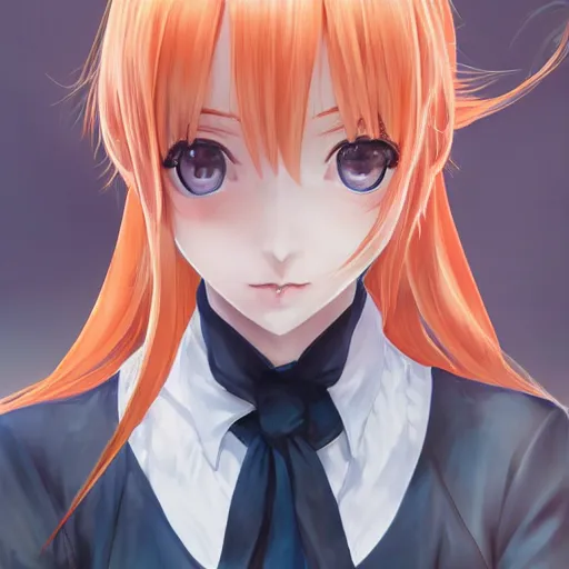 Image similar to luxury advertisement, astonishing portrait of a very beautiful anime high-school girl with light orange hair twintails, white ribbon, full perfect face, realistic, highly detailed background, artstation, 120 degree view, drawn by Sasoura, Satchely and Akihiko Yoshida, no distortion