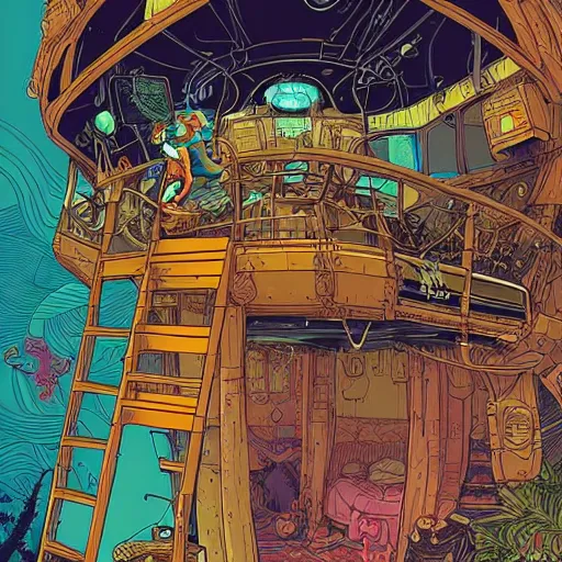 Image similar to Stunningly intricate illustration of an explorer playing video games in his treehouse, wearing cyberpunk headpiece, highly detailed, midnight, by Josan Gonzalez and James Gilleard , Moebius, Laurie Greasley