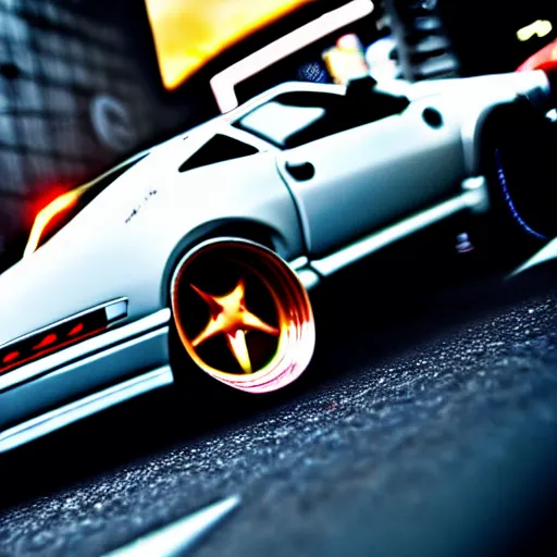 Image similar to a car 300ZX twin turbo drift at illegal car meet, Shibuya prefecture, city midnight mist lights, cinematic lighting, photorealistic, highly detailed wheels, high detail