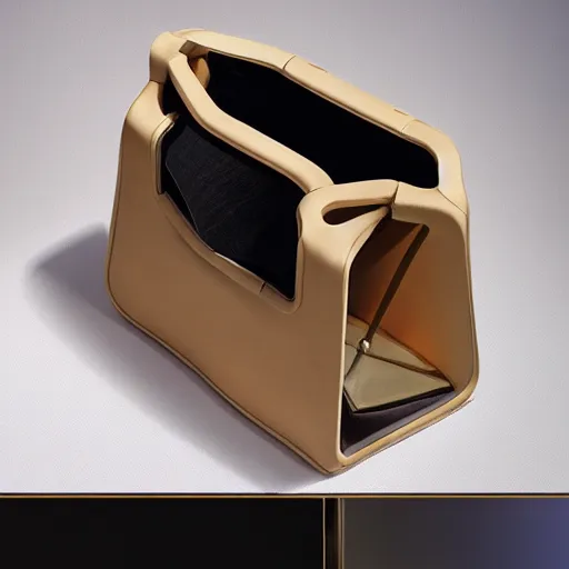 Prompt: single luxury handbag ; designed by c. a. k. e., marc newsom, zaha hadid, blond ltd, layer design ; natural materials ; industrial design ; behance ; le manoosh ; pinterest ; if design award ; reddot design award