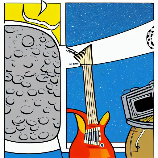 Prompt: a photo of an electric guitar headstock and a beer can on the moon. detailed. cartoon. comic