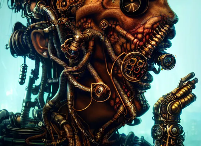 Image similar to an intricately detailed ultra - realistic unreal engine 5 rendering of a portrait of steampunk cyberpunk neon - bordered cyborg zombie frankenstein, concept art, intricate details, eerie, highly detailed, photorealistic, octane render, 8 k uhd art by kilian eng