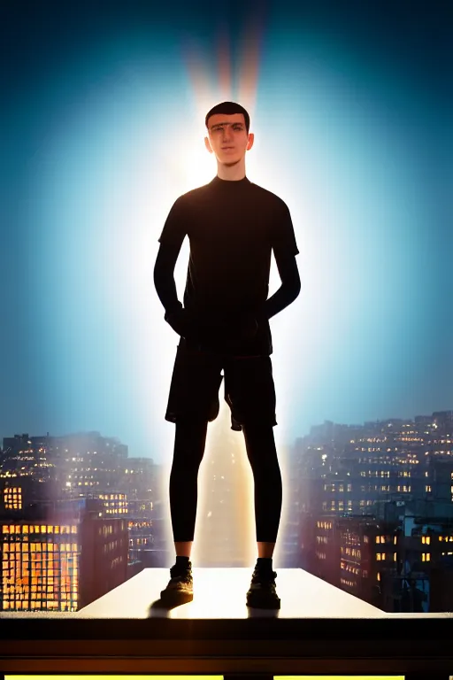 Image similar to un ultra high definition studio quality photographic art portrait of a young man standing on the rooftop of a british apartment building wearing soft inflatable padded iridescent fresnel refractive clothing. three point light. extremely detailed. golden ratio, ray tracing, volumetric light, shallow depth of field. set dressed.