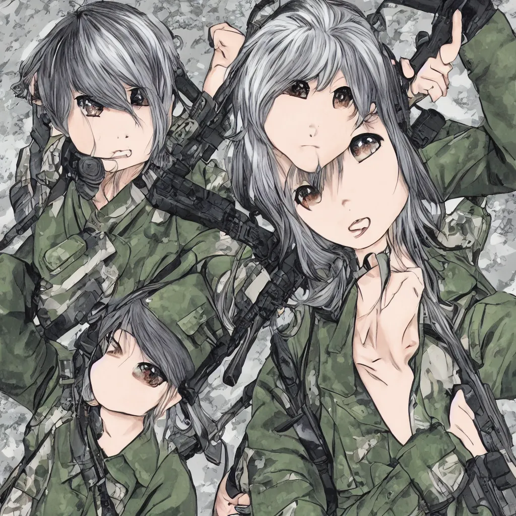 Prompt: asian girl with silver hair and ponytail, wearing a multicam uniform, on modern manga style