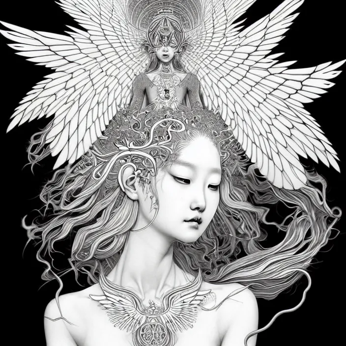 Prompt: stylized art of an psychedelic angelic celestial being by jung gi kim, trending on artstation, winged head, white gold skin, ayahuasca, sacred geometry, esoteric art