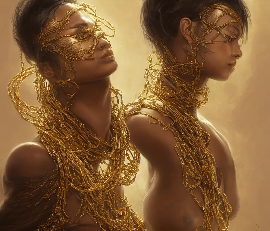 Image similar to Ultra realistic illustration, of a charcoal skinned goddess wrapped in gold ropes, cyberpunk, sci-fi, fantasy, intricate, elegant, highly detailed, digital painting, artstation, concept art, smooth, sharp focus, illustration, art by artgerm and greg rutkowski and alphonse mucha