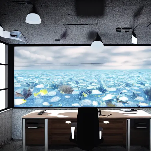 Image similar to photo of an office desk, underwater, cinematic