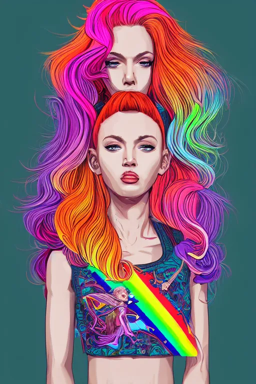 Image similar to a award winning half body portrait of a beautiful woman with stunning eyes in a printed croptop and cargo pants with rainbow colored ombre hairstyle head in motion and hair flying by josan gonzales, outrun, vaporware, shaded flat illustration, digital art, trending on artstation, highly detailed, fine detail, intricate