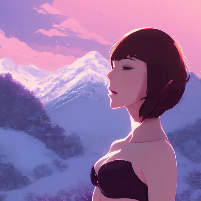 Prompt: portrait of a beautiful girl with bra, snowy mountain landscape background, ambient lighting, dynamic lighting, 4 k, hq, official media, anime key visual, makoto shinkai, ilya kuvshinov, lois van baarle, rossdraws, detailed, trending on artstation