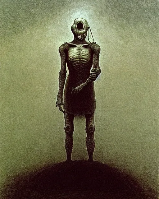 Image similar to full-body creepy realistic illustration central composition, a decapitated soldier with futuristic elements. he welcomes you into the fog with no head, dark dimension, empty helmet inside is occult mystical symbolism headless full-length view. standing in ancient gate eldritch energies disturbing frightening eerie, award-winning digital artwork by Salvador Dali, Beksiński, Van Gogh and Monet.