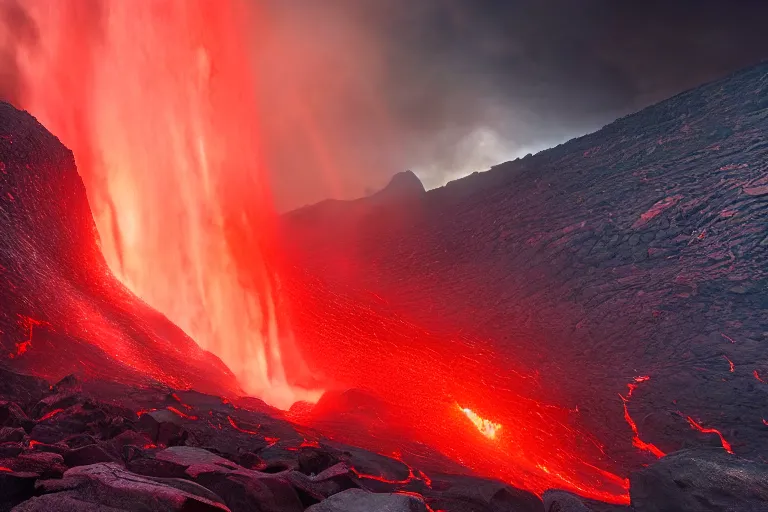 Image similar to lava falls from the red sky upon a football stadium, crowds panic, cinematic lighting by Jessica Rossier