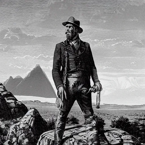 Image similar to 19th century scruffy american trapper, standing next to desert oasis, standing atop boulder overlooking expanse, sphinx in the' distance, pulp science fiction illustration