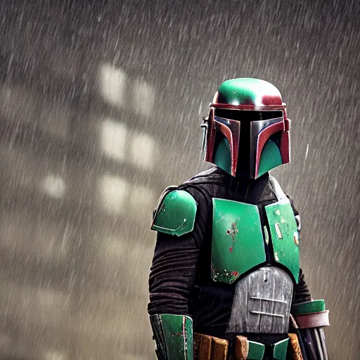 Image similar to boba fett standing on a building, fine details, heavy rain, 8 k, shallow depth of field, moody lighting, cinematic lighting,