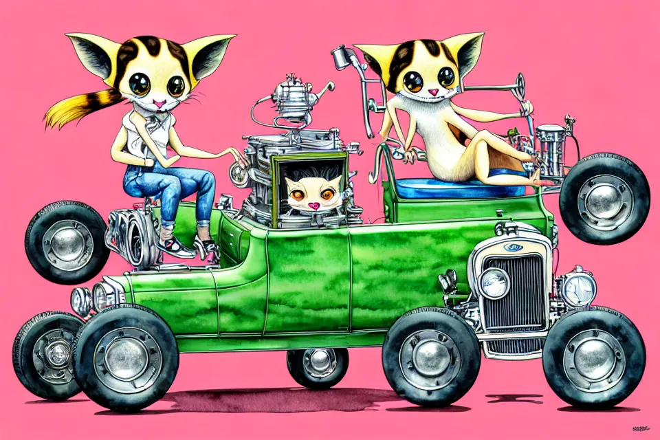 Image similar to cute and funny, margay riding in a tiny 1 9 2 3 ford t - bucket with oversized engine, ratfink style by ed roth, centered award winning watercolor pen illustration, isometric illustration by chihiro iwasaki, edited by range murata, tiny details by artgerm and watercolor girl, symmetrically isometrically centered