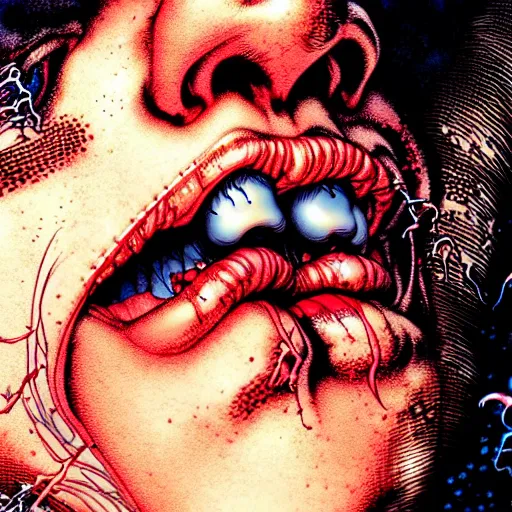 Image similar to closeup of face melting and tongues, by yoichi hatakenaka, masamune shirow, josan gonzales and dan mumford, ayami kojima, takato yamamoto, karol bak