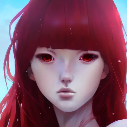 Prompt: red haired anime girl in a bikini, ultra detailed, very beautiful face, 8 k resolution, by greg rutkowski, wlop, hayao miyazaki