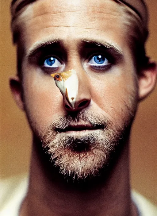 Prompt: portrait of goose ryan gosling with a beak and feathers, natural light, sharp, detailed face, magazine, press, photo, steve mccurry, david lazar, canon, nikon, focus