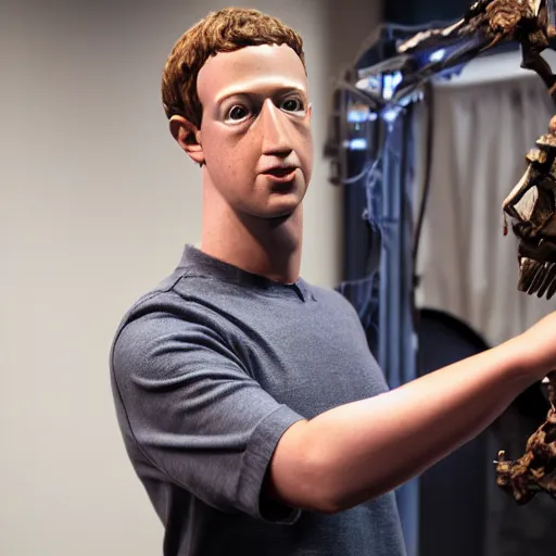 Image similar to animatronic Mark Zuckerberg, exposed mechanics, photo, Stan Winston studios, detailed, 4k