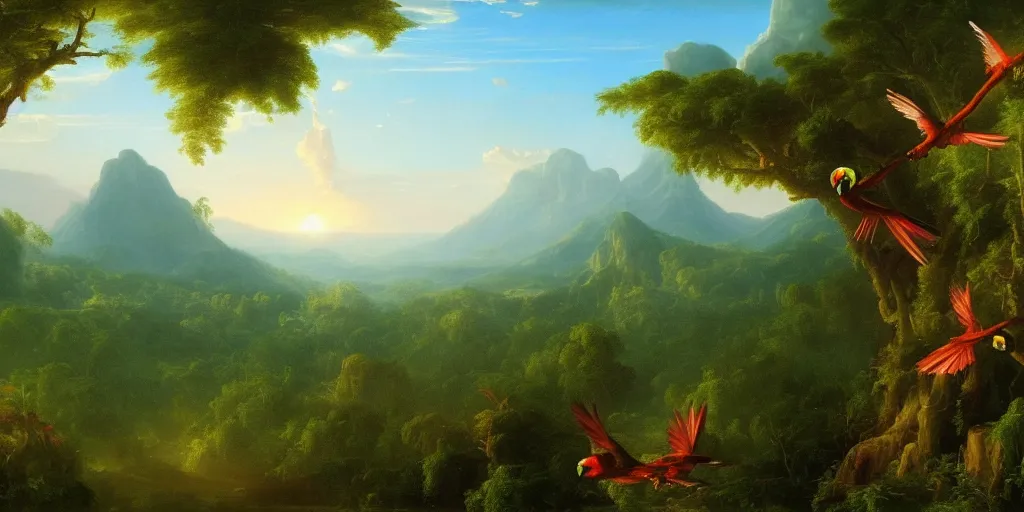 Prompt: gorgeous macaws flying at dawn in the distance through the forest, jungle mountains in the background, sentient bird, highly detailed, heavenly lighting, trending on art station, very detailed birds, painting by thomas cole