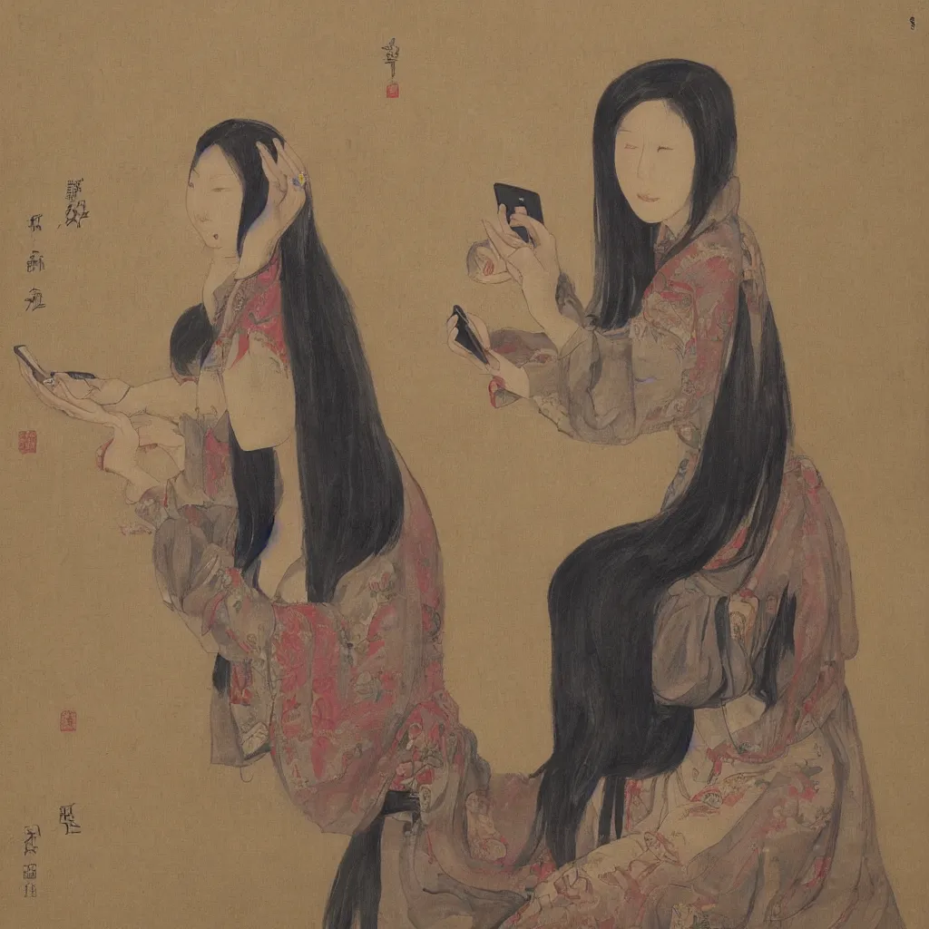 Prompt: i, a beautiful woman playing her iphone, by qibaishi