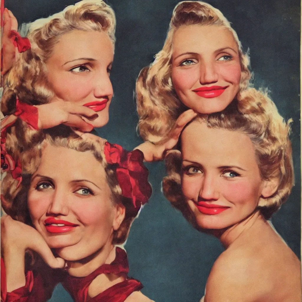 Image similar to Cameron Diaz portrait, color vintage magazine illustration 1950