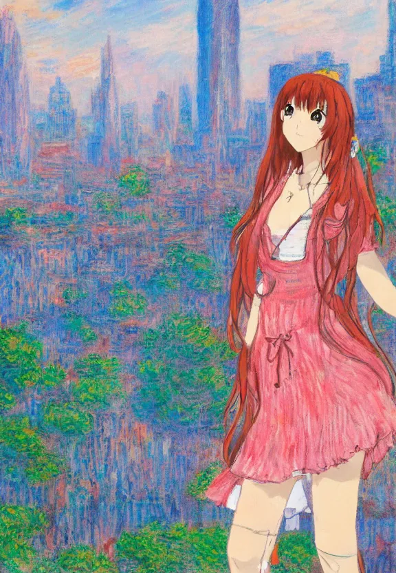 Image similar to wide angle portrait of a teenage girl, a thrifty outfit, very anime in impressionist style, city background, anime trending artwork, anime painter studio, by claude monet