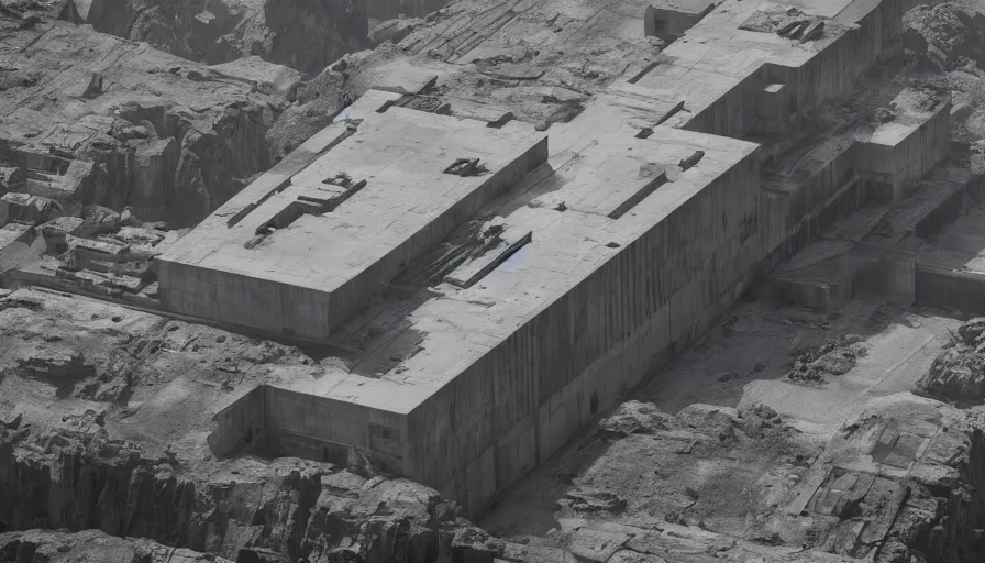 Image similar to big brutalist imperial military base on cliffs, drawing architecture, cinematic shot by greig fraser, very long shot, top angle, imperial architecture in rogue one, pritzker architecture prize, brutalism architecture, jan urschel