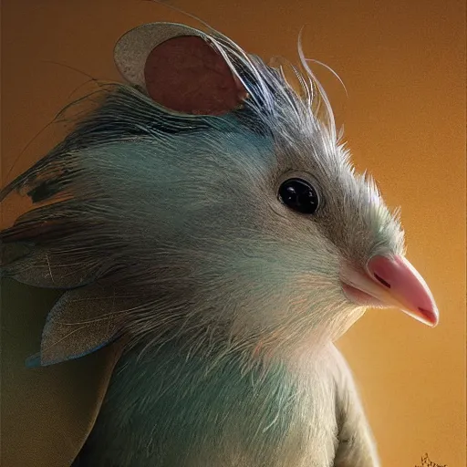 Prompt: portrait character design, a cute feathered mouse, feathers plumage, plumed by brian froud, portrait studio lighting by jessica rossier and brian froud