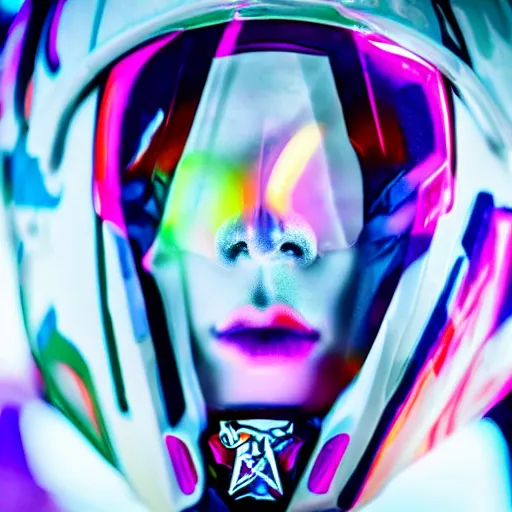 Image similar to beautifully lit extreme close up photo of a white marble statue of an anime girl with colorful motocross logos and motorcycle helmet with closed visor, colorful smoke in the background, carved marble statue, fine art, neon genesis evangelion, virgil abloh, offwhite, denoise, highly detailed, 8 k, hyperreal